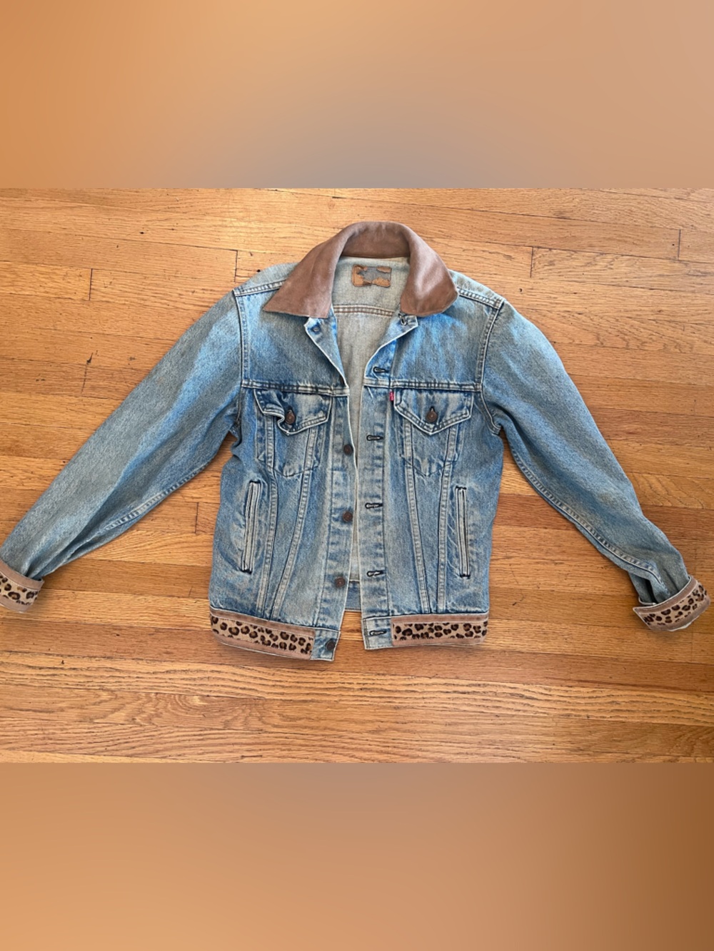 Levi's Light Blue Denim Jacket with Brown Collar & Leopard Trim